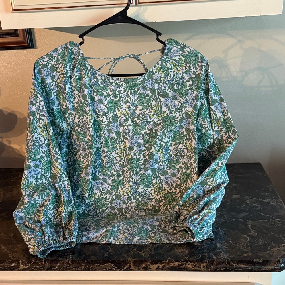 J. Crew Green and Blue Floral Blouse